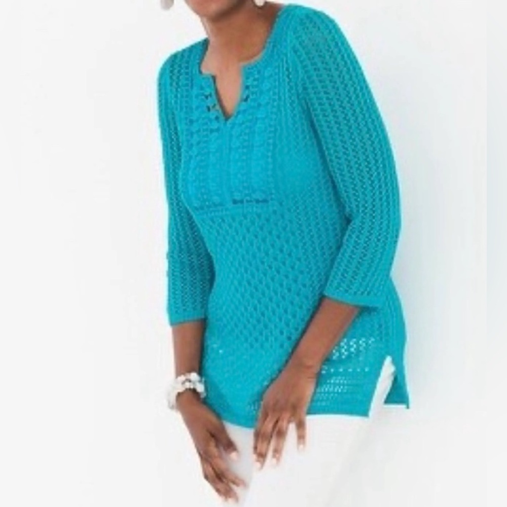 Chicos Blue Crochet pullover. Chico’s 2, will fit M/L